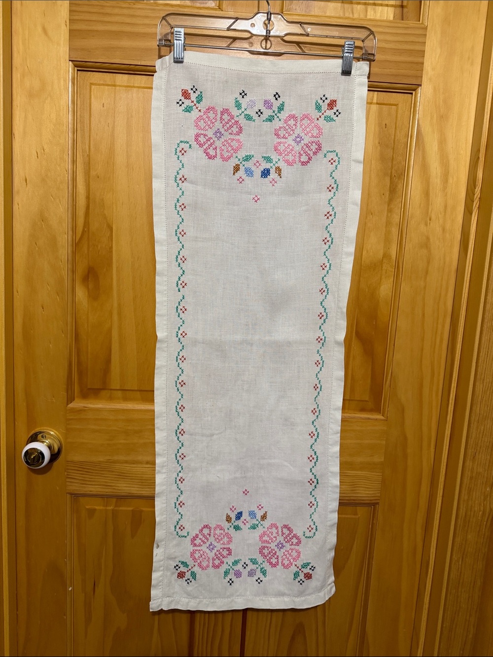 Embroidered Floral Linen Table Runner - Pink & Green